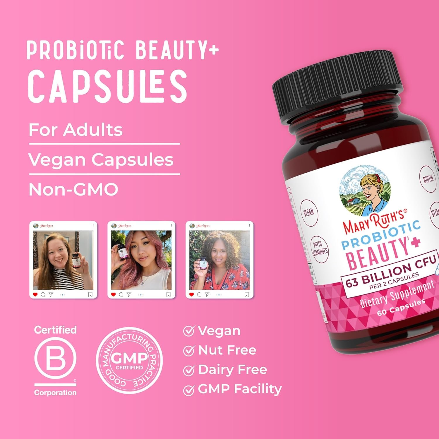 MaryRuth Organics Probiotic Beauty Capsules | Vegan Collagen Support | Anti Aging | Gut Health | Hair Skin and Nails Vitamins | Skin Care | Biotin | Non-GMO Project Verified | 60 Count - Image 8