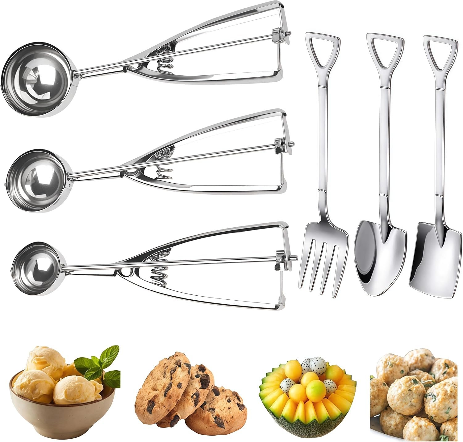 Ice Cream Scoop, 3Pcs Cookie Scoop Set, Stainless Steel Ice Cream Scoop with Trigger Release, Cookie Dough Scoop, Large/Medium/Small Cookie Scooper for Baking with 2 Shovel Spoons and 1 Shovel Forks