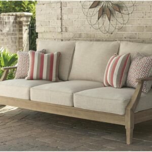 Signature Design by Ashley Clare View Outdoor Patio Sofa, 4 Throw Pillows, Nuvella Weather Resistant Fabric, Eucalyptus Wood, 81″ W x 35″ D x 32″ H, Beige