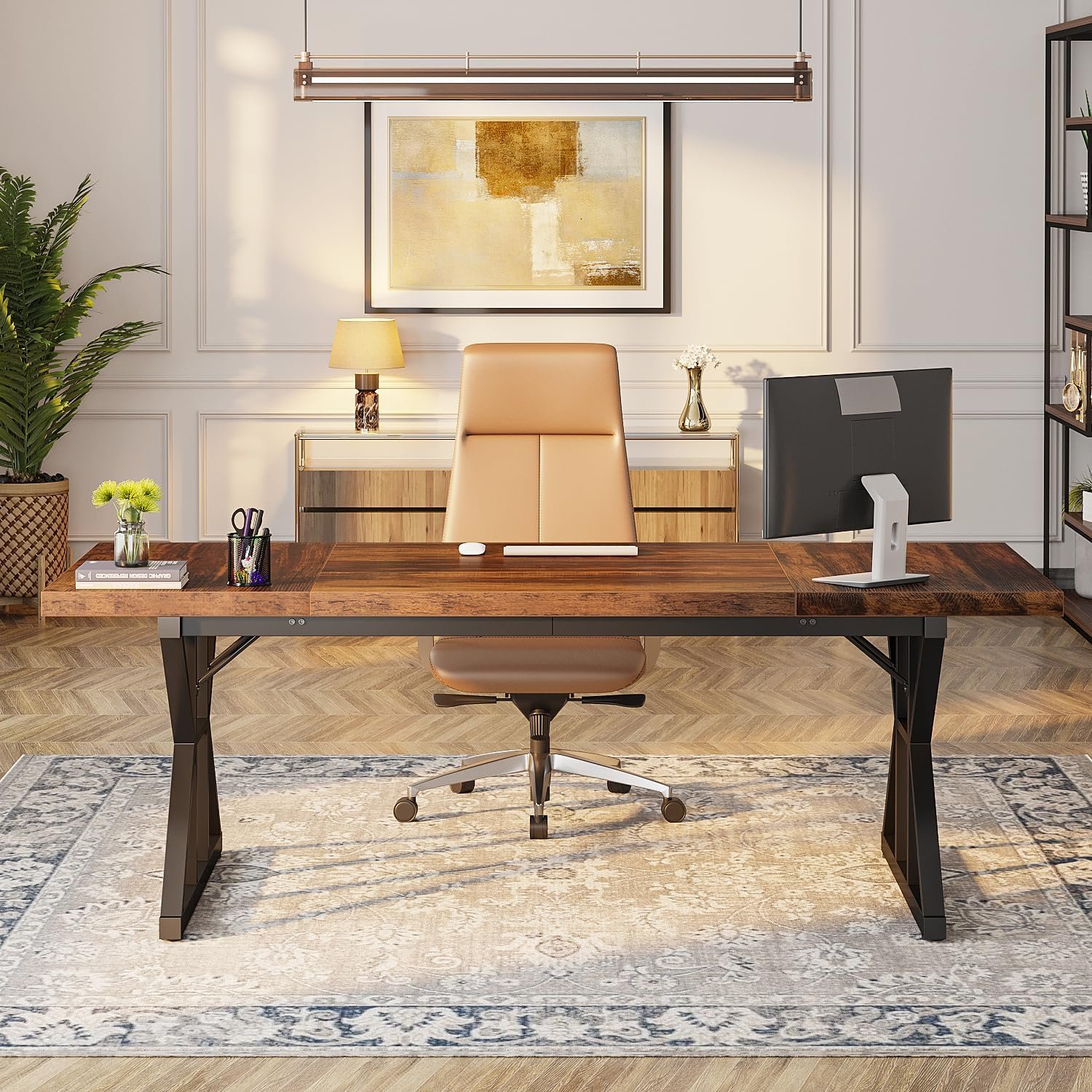 Tribesigns 70.8-Inch Executive Desk, Large Computer Office Desk Workstation, Modern Simple Style Laptop Desk Study Writing Table Business Furniture for Home Office (Brown/Black, 70.8 Inch) - Image 3