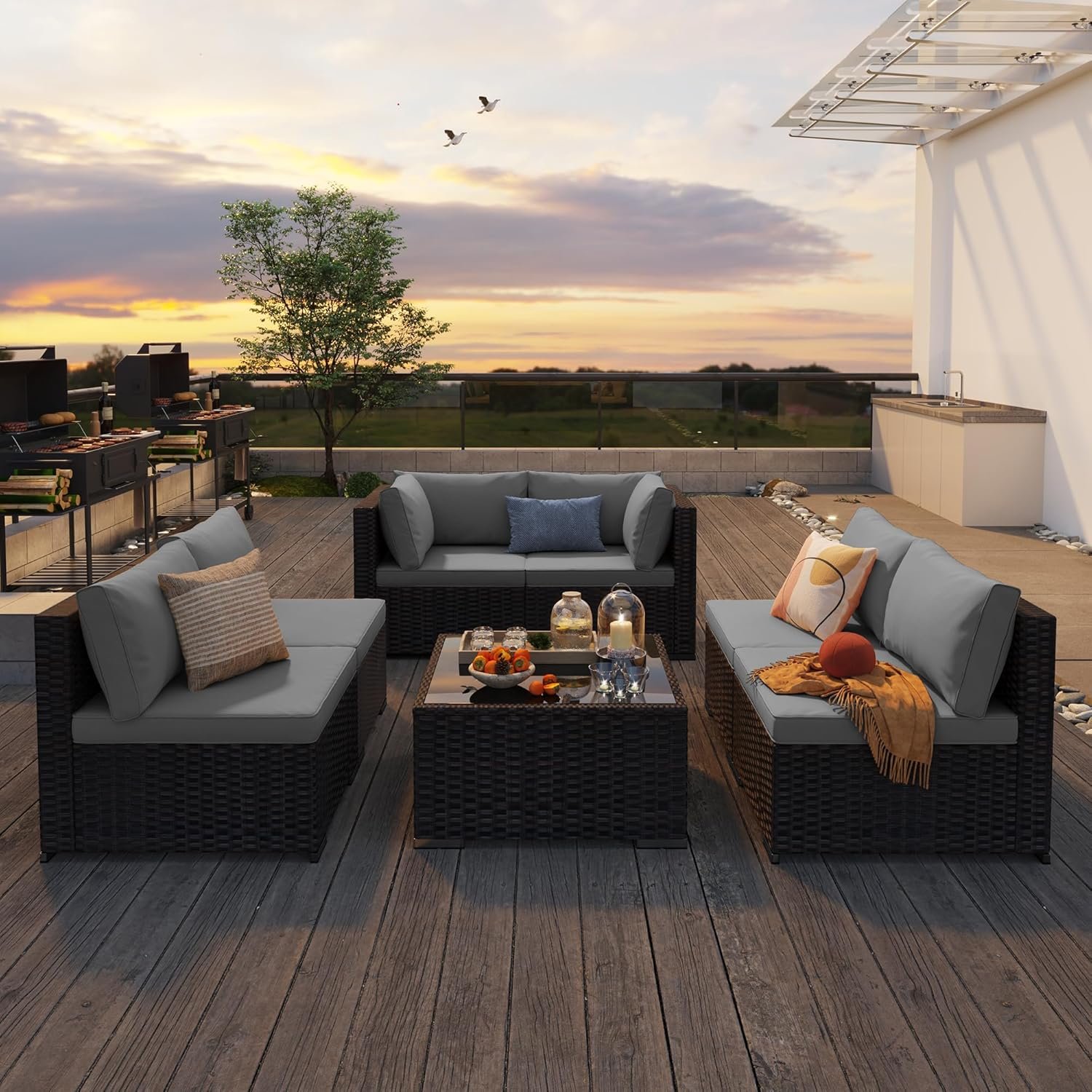 7 Pieces Outdoor Patio Furniture Set, PE Rattan Outdoor Wicker Sectional Furniture Sofa Set, with Cushions and Glass Coffee Table, for Balcony, Porch, Garden, Grey - Image 9