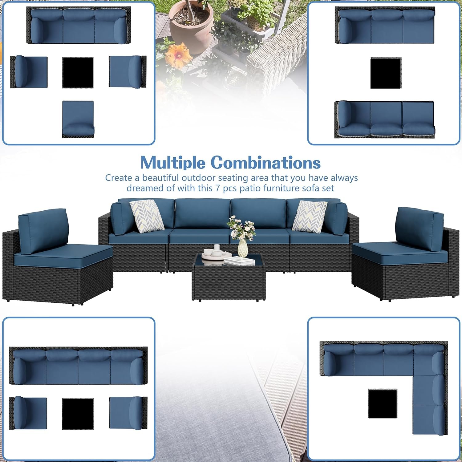 7 Pieces Outdoor Patio Sectional Sofa Couch, Wicker Furniture Patio Conversation Sets with Washable Cushions & Coffee Table for Garden, Poolside, Backyard - Image 8