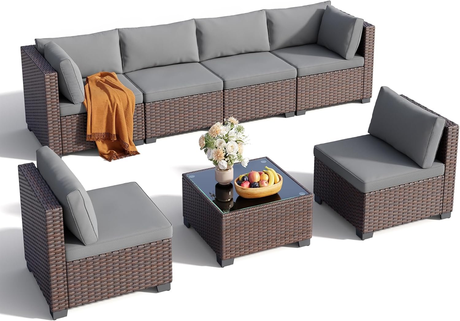 7 Pieces Outdoor Patio Furniture Set, PE Rattan Outdoor Wicker Sectional Furniture Sofa Set, with Cushions and Glass Coffee Table, for Balcony, Porch, Garden, Grey - Image 3