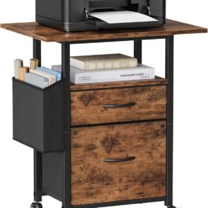 GYIIYUO 2 Drawer File Cabinet with 24” Extended Desktop, Mobile Filing Cabinet, Rolling File Cabinet with Side Bag, Fabric Drawer, Fits A4/Letter Size, Printer Stand Home Office, Light Brown