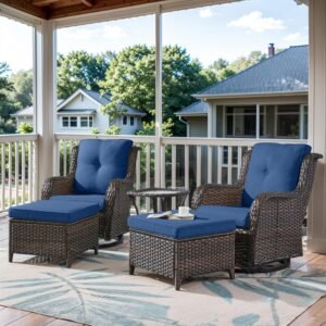 Belord 5 Piece Wicker Patio Furniture Set, Outdoor Swivel Rocker Chairs Set of 2 with Ottomans and Side Table, All Weather Patio Conversation Furniture Set, for Porch Pool, Brown Wicker/Blue