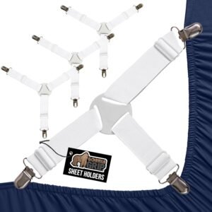 GORILLA GRIP Patent Pending Bed Sheet Holders, Adjustable Elastic Fasteners with Metal Clips, Keep in Place Fitted Bedding Straps, Firm Tight Suspenders for Mattress, US Designed, 4 Pack White