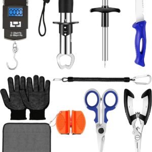 Fishing Tool Kit – Fishing Pliers, Hook Remover, Fish Gripper，Fish Scale, Fish Knife, Saltwater Fishing Gear with Sharpeners, Best Gifts for Men