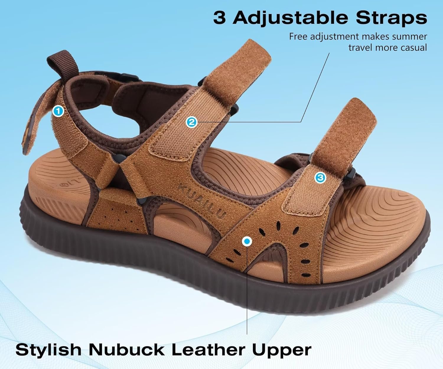 KuaiLu Mens Hiking Sandals With Arch Support Sport Recovery Athletic Walking Sandals For Man Outdoor Summer Casual Thick Cushion Beach Water Fisherman Sandal Size 7-15 - Image 4