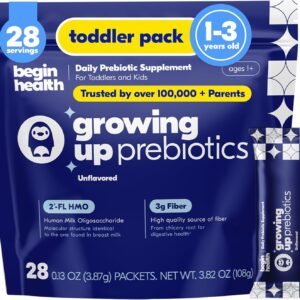 Begin Health Growing Up Prebiotics for Kids 28-Packs | Prebiotic Soluble Powder Stool Softeners and Digestive Gut Health Supplement | Ideal to Mix with Kids Daily Beverages and Soft Foods – Unflavored