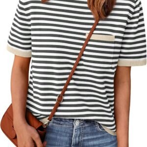 LILLUSORY Womens Striped Short Sleeve Sweater Pullover Shirts with Chest Pocket