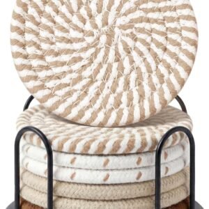 Coasters Set of 8 for Drinks, Beer, Coffee, Cotton Woven 4 Colors Absorbent Coaster with Holder, Boho Coasters for Home Decor Tabletop Protection Suitable for Kinds of Cups, Coffee