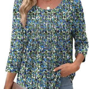 XIEERDUO 3/4 Length Sleeve Tops for Women 2026 Crewneck Casual Pleated Tunic Tops Shirts Blouses