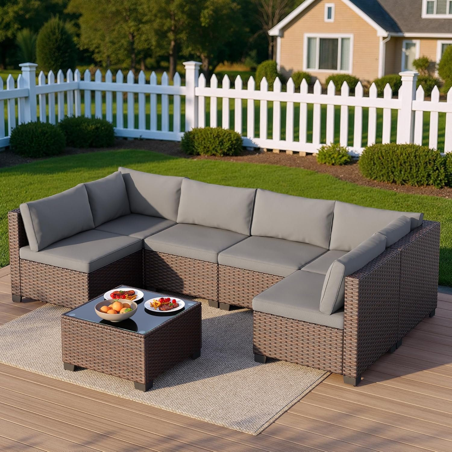 7 Pieces Outdoor Patio Furniture Set, PE Rattan Outdoor Wicker Sectional Furniture Sofa Set, with Cushions and Glass Coffee Table, for Balcony, Porch, Garden, Grey - Image 4