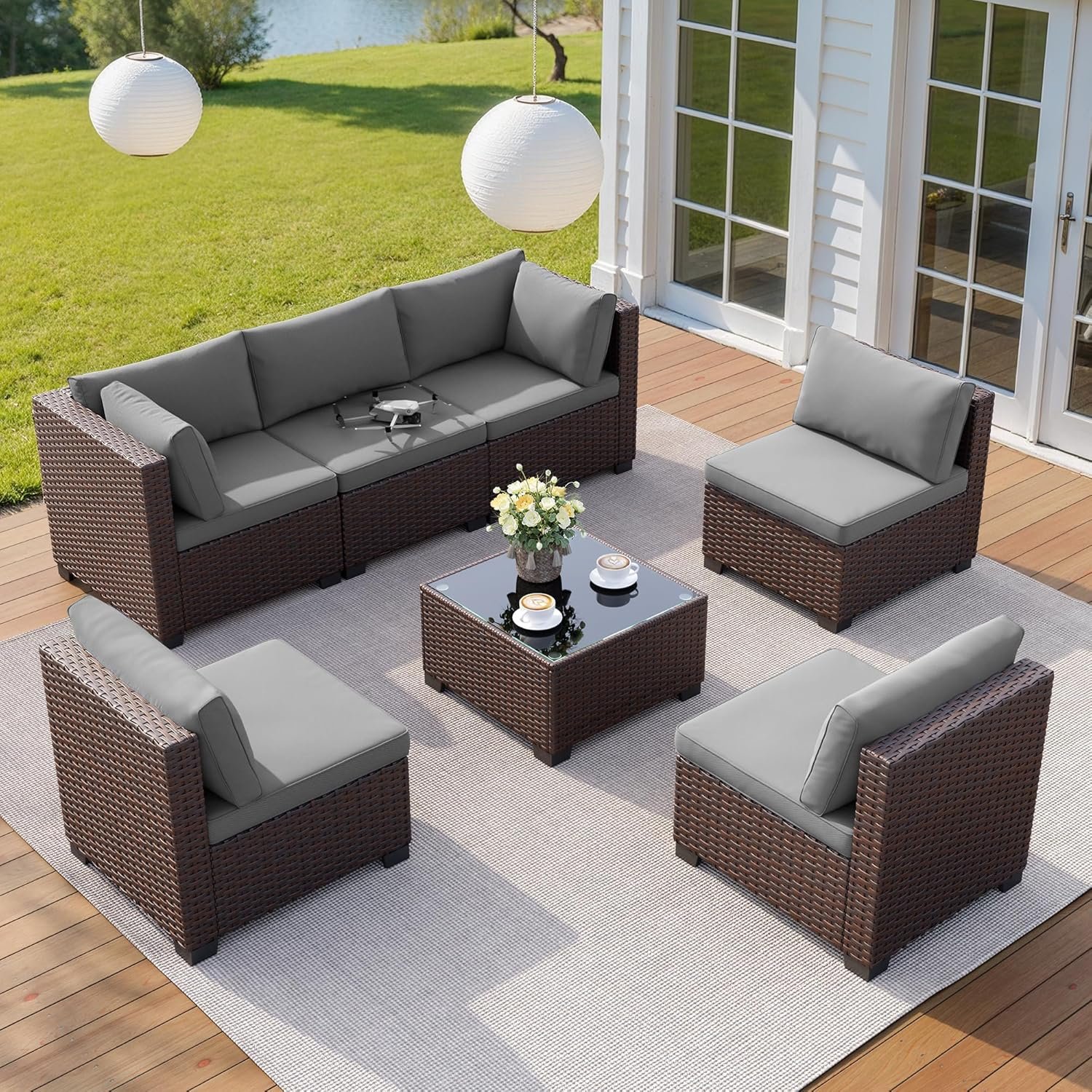 7 Pieces Outdoor Patio Furniture Set, PE Rattan Outdoor Wicker Sectional Furniture Sofa Set, with Cushions and Glass Coffee Table, for Balcony, Porch, Garden, Grey - Image 6