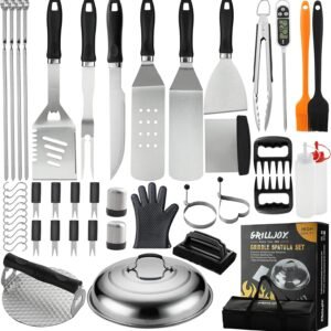 Grilljoy 46PC Griddle Accessories Set with Robust Plastic Handle, All-in-One Griddle Tools Kit for Flat Top Grills Teppanyaki Hibachi, Stainless Steel Grill Spatula Kit for Outdoor Camping Grilling