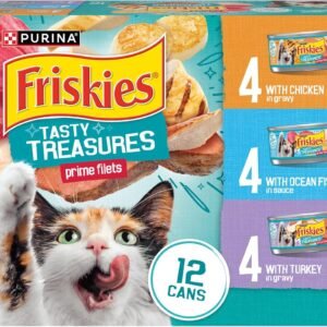Purina Friskies Wet Cat Food Variety Pack, Tasty Treasures Prime Filets (With Ocean Fish and Tuna, With Chicken and With Turkey) – 5.5 Ounce (Pack of 12)