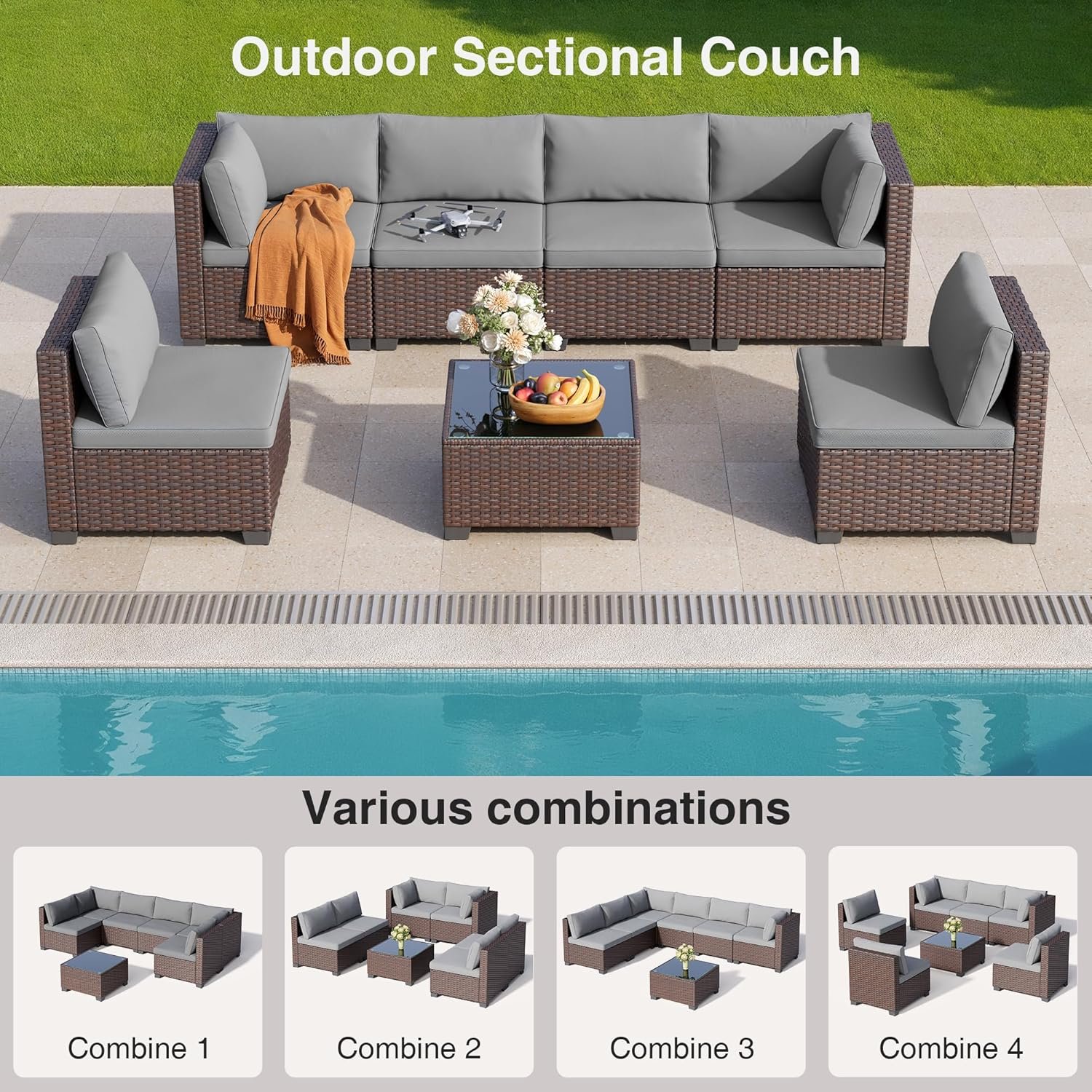 7 Pieces Outdoor Patio Furniture Set, PE Rattan Outdoor Wicker Sectional Furniture Sofa Set, with Cushions and Glass Coffee Table, for Balcony, Porch, Garden, Grey - Image 5