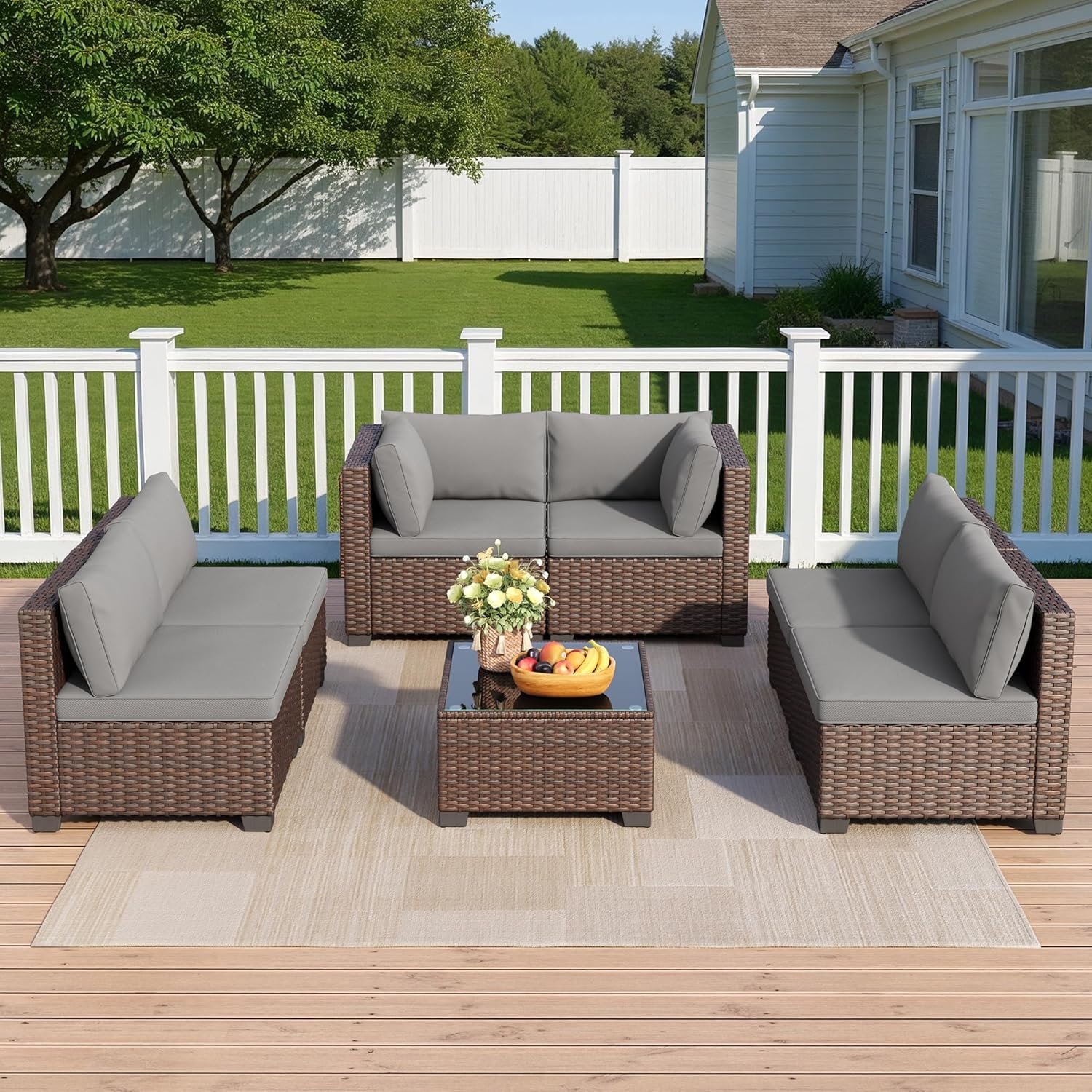 7 Pieces Outdoor Patio Furniture Set, PE Rattan Outdoor Wicker Sectional Furniture Sofa Set, with Cushions and Glass Coffee Table, for Balcony, Porch, Garden, Grey - Image 8