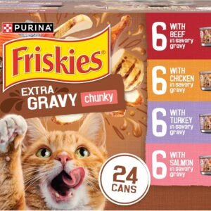 Purina Friskies Extra Gravy Wet Cat Food Chunky 24ct Variety Pack (With Chicken, Turkey, Salmon, Beef) – (Pack of 24) 5.5 oz. Cans