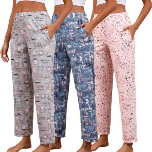 PNAEONG Pajama Pants Women 3 Pack Soft Cotton Lounge Pants Comfy Casual Pajama Bottoms with Elastic Waistband & Pockets