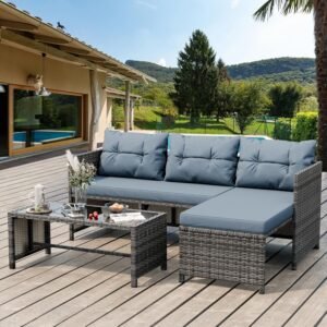 Shintenchi 3-Piece Outdoor Patio Furniture Sets, Wicker Patio Conversation Sets, All Weather Wicker Rattan Patio Seating Sofas with Glass Coffee Table and Cushion, Blue-Gray