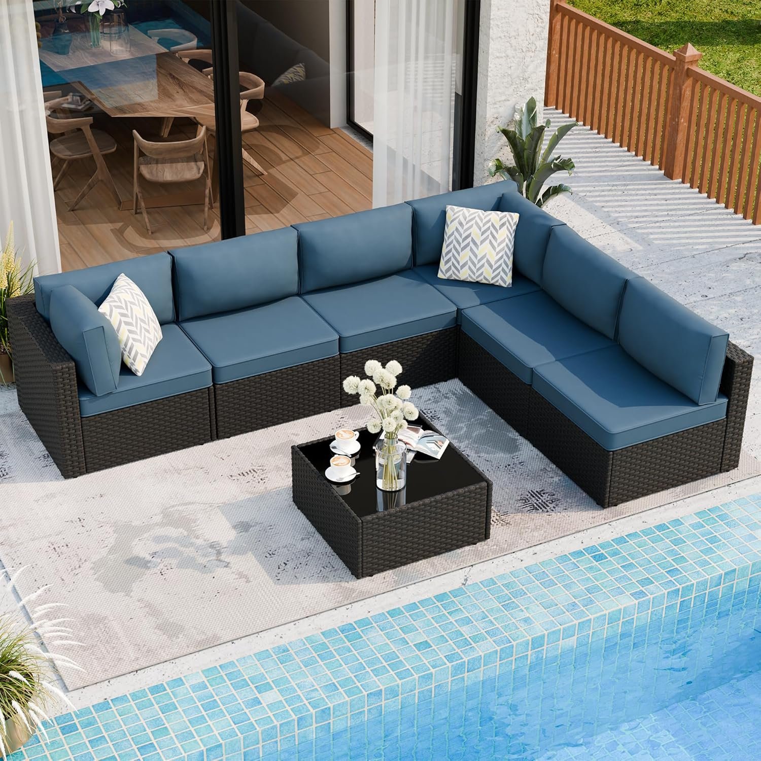 7 Pieces Outdoor Patio Sectional Sofa Couch, Wicker Furniture Patio Conversation Sets with Washable Cushions & Coffee Table for Garden, Poolside, Backyard - Image 2