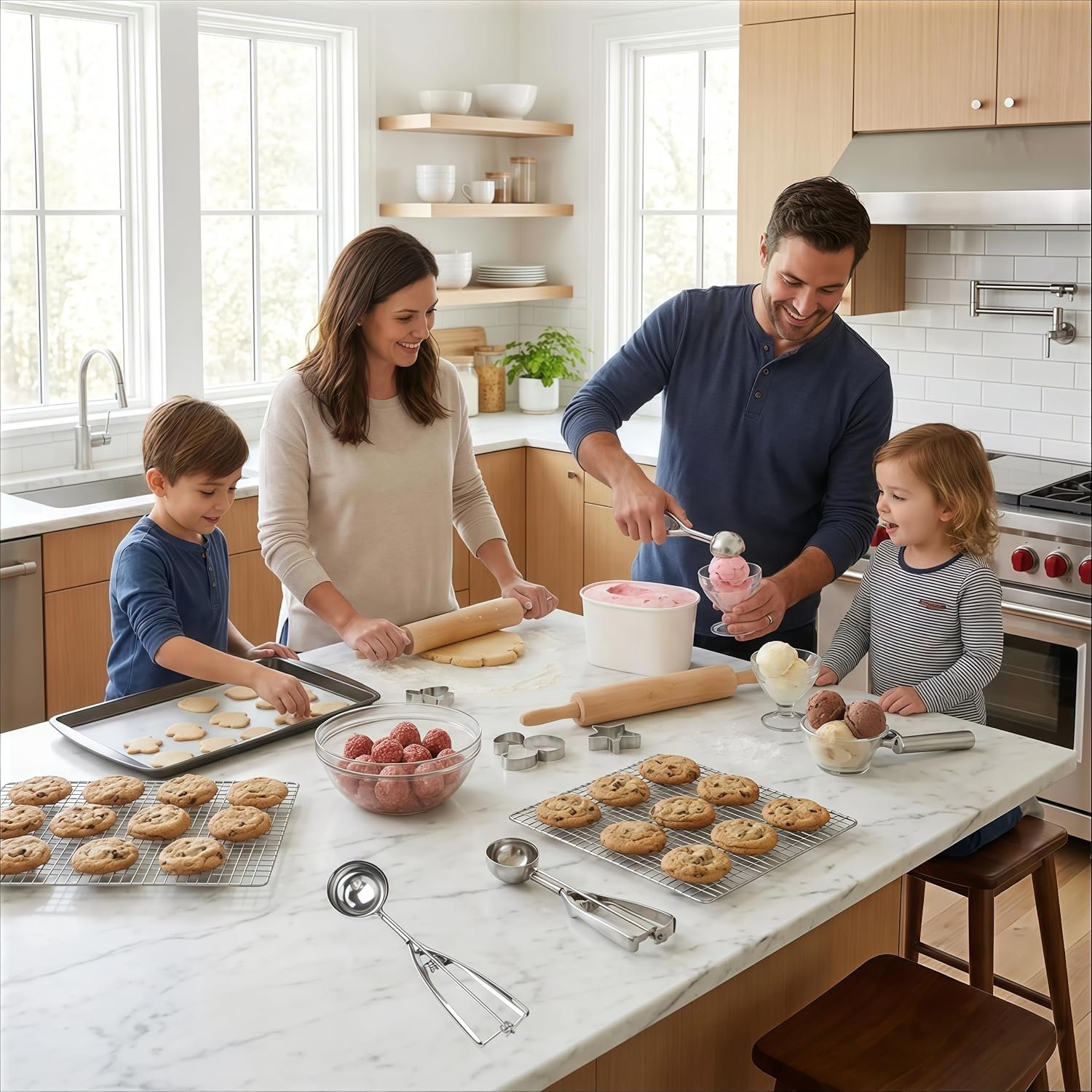 Ice Cream Scoop, 3Pcs Cookie Scoop Set, Stainless Steel Ice Cream Scoop with Trigger Release, Cookie Dough Scoop, Large/Medium/Small Cookie Scooper for Baking with 2 Shovel Spoons and 1 Shovel Forks - Image 2