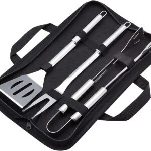 Amazon Basics 4-Piece Stainless Steel BBQ Grilling Tool Set with Carry Bag, Rust-Resistant, Dishwasher Safe