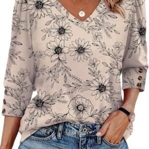 XIEERDUO Womens 3/4 Sleeve Tops with Buttons V-Neck Summer Outfits Casual Blouses Shirts Beach Vacation Fall Clothes 2026