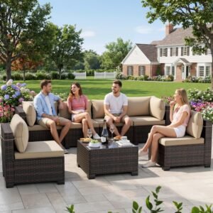 LEVELEVE 7 Pieces Outdoor Patio Furniture Sets,Rattan Conversation Sectional Set,Manual Weaving Wicker Patio Sofa with Tea Table