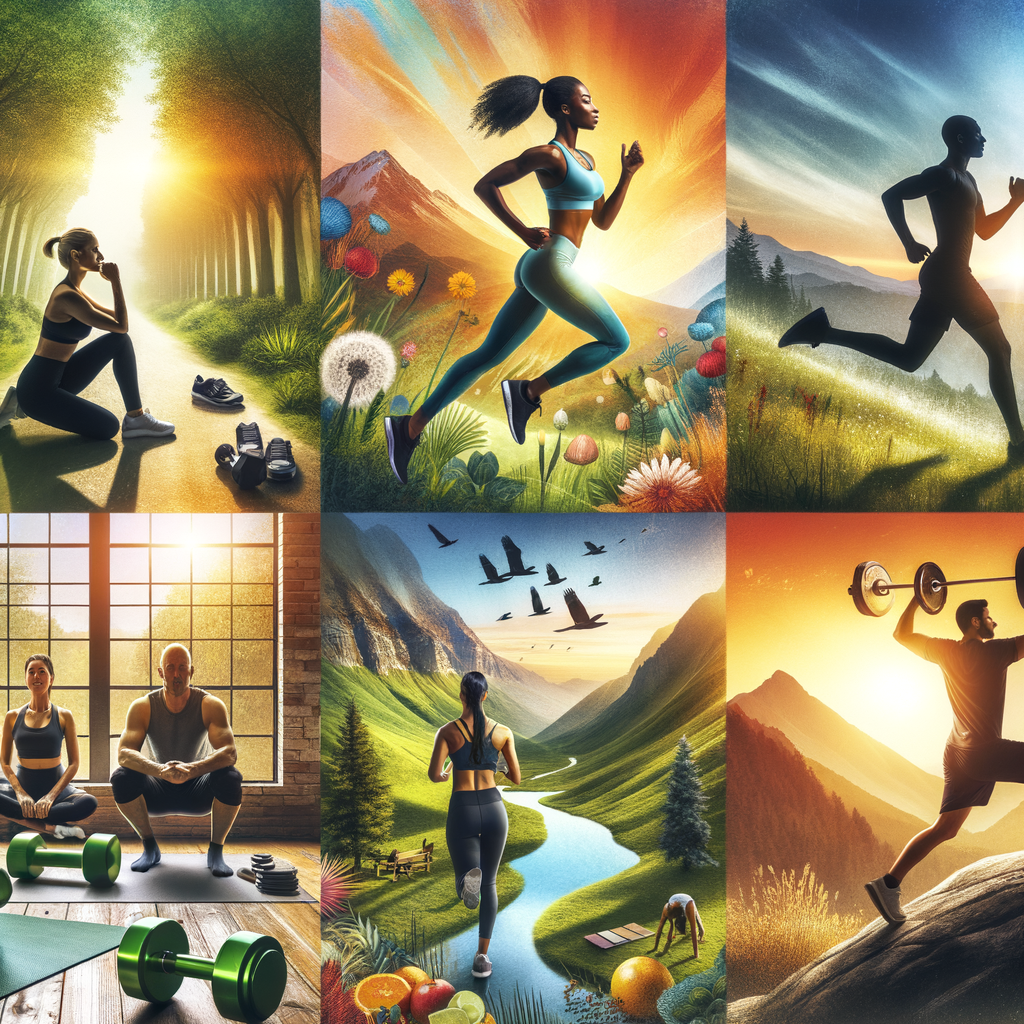 Collage of diverse people doing various fitness activities outdoors and indoors in scenic natural environments.