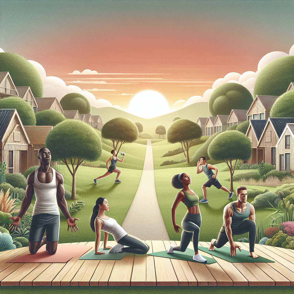 People practicing yoga and exercising outdoors in a peaceful neighborhood at sunrise promoting fitness and healthy living.