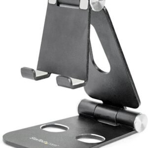 StarTech.com Phone and Tablet Stand – Foldable Universal Mobile Device Holder for Smartphones & Tablets – Adjustable Multi-Angle Ergonomic Cell Phone Stand for Desk – Portable – Black (USPTLSTNDB)
