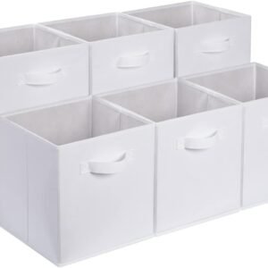 Amazon Basics Collapsible Fabric Storage Cubes Organizer with Handles, Sturdy Storage Bins, White, 10.5-x-10.5-x-11-inch, 6-Pack