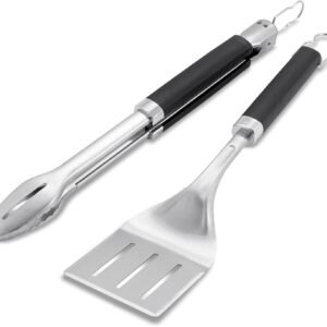 Weber Precision Tongs & Spatula Grilling Tool Set – Stainless Steel BBQ Tools with Hands‑Free Locking Tongs, 3‑Sided Beveled Spatula, Non‑Slip Soft‑Touch Handles