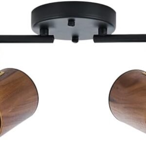 Modern 4-Light Track Lighting Kit Fixture, Adjustable Matte Black Finish and Real Dark Wood Lampshade Ceiling Light, Brass Swivel Item Kit, for Living Room, Kitchen, Artwork