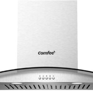COMFEE’ CVG30W8AST 30 Inches Ducted Wall Mount Vent Range Hood with 450 CFM 3 Speed Exhaust Fan, Baffle Filters, Curved Glass, 2 LED Lights, Convertible to Ductless, Stainless Steel