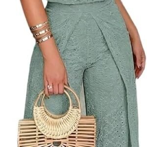 CHICME Women’s Eyelet Halter Neck Jumpsuit High Waist Wide Leg Romper with Side Slit Casual Summer One Piece Outfit