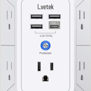 5 Outlet Extender Multi Plug Wall Outlets with 4 USB Charging Ports (1 USB C Outlet), 3 Sided 1680J Surge Protector Power Strip USB Wall Charger for Home, Office, Travel, ETL Listed, White