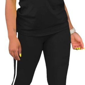 Women’s 2 Piece Outfits Sweatsuit Summer Workout Striped Short Sleeve Long Sweatpants Casual Jogging Lounge Set