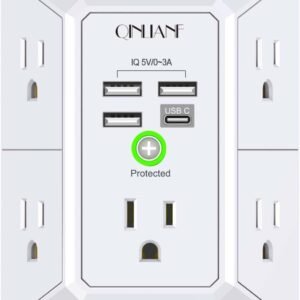Wall Charger, Surge Protector, QINLIANF 5 Outlet Extender with 4 USB Charging Ports, 3-Sided 1680J Power Strip Multi Plug Adapter Spaced for Home Travel Office