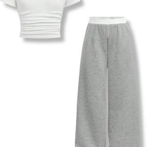 7-14 Years Girls Sizes 2 Piece Casual Set Ruched Short Sleeve Fitted Waist-Cinched Top & Wide Leg Pants