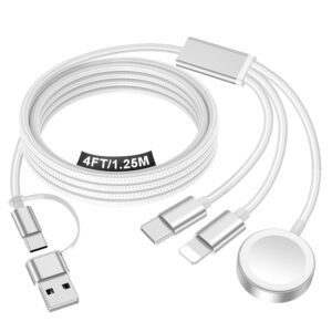 Travel Essentials for Apple Watch Charger,iPhone Charger,3 in 2 Type C/Lightning/Magnetic Travel Charging Cable Docks,Multi Charging Cable Portable Designed for iWatch Series,iPhone 17-11,S26,Car-4FT