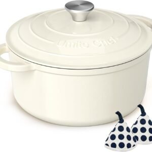 Enameled Cast Iron Dutch Oven – Umite Chef 5QT Pot with Lid & Cotton Potholders – Heavy-Duty Cookware for Bread Baking, Braising, Stews, Roasting(Cream White)