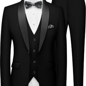MAGE MALE Men’s Slim Fit 3 Piece Suit One Button Solid Shawl Lapel Blazer Jacket Vest Pants Set with Tie Pocket Square