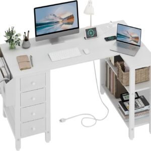 Lufeiya White L Shaped Computer Desk with Drawers & Storage Shelves, 47 Inch Corner Reversible Desk with Power Outlet for Home Office Bedroom, L-Shaped Teen PC Desks with Fabric Drawer, White