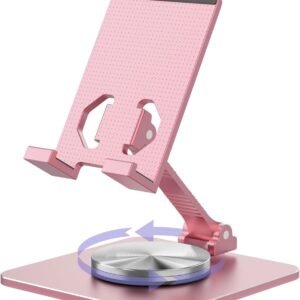 Cell Phone & Tablet Stand for Desk, Aluminum Adjustable Holder for iPhone, iPad & Smartphones || Foldable Mount with 360° Swivel, Stable Base & Portable Design for 4–9.7in Devices, Pink