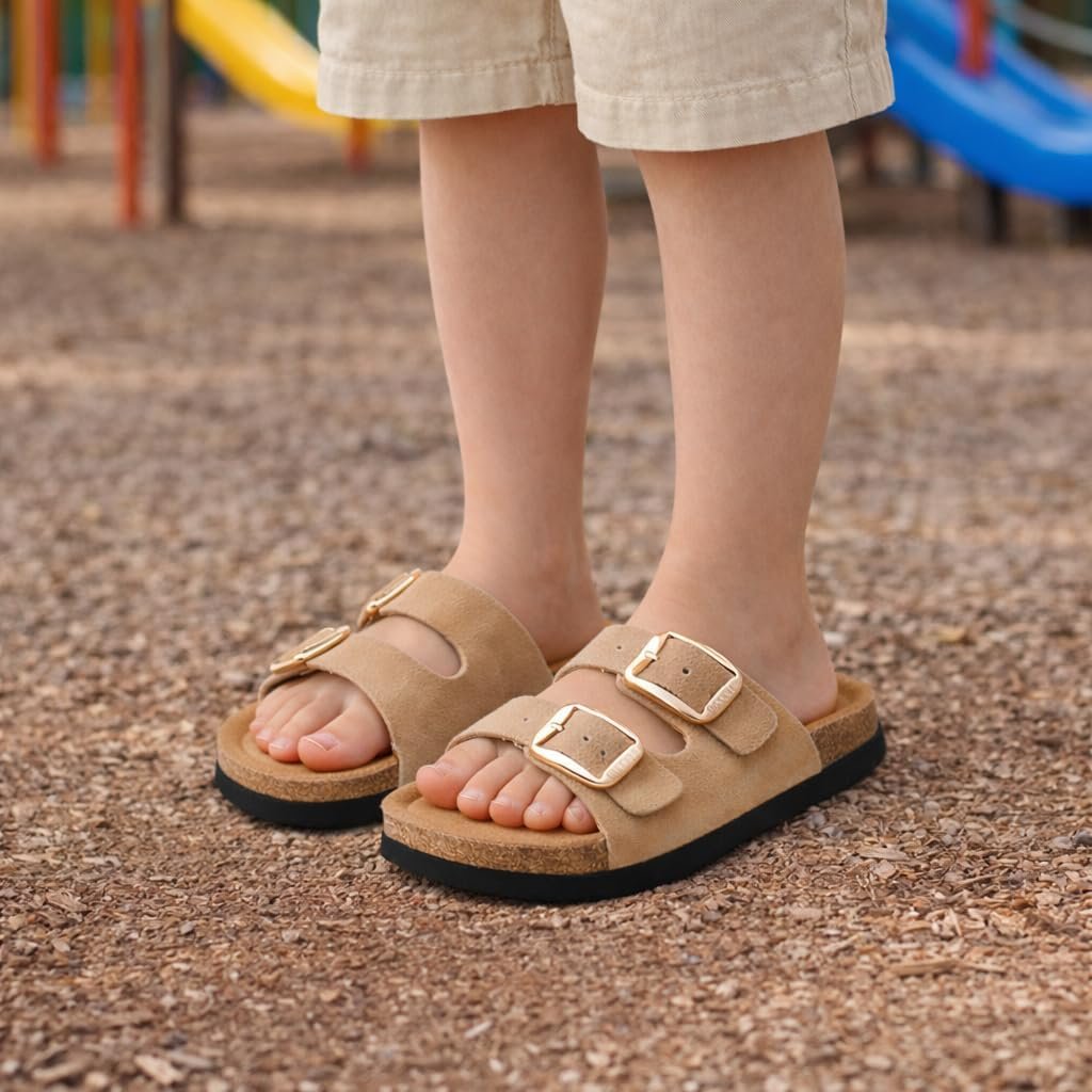 Project Cloud 100% Genuine Leather Kids Sandals - Natural Cork Footbed Non-Slip Slides for Kids - Lightweight Boys & Girls Sandals - Water-Resistant Girls & Boys Sandals - Image 2