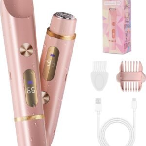 2-in-1 Bikini Trimmer for Women, Bikini Shaver with Dual Heads, Body and Facial Hair Removal, Cordless Rechargeable Electric Razors for Face Chin Pubic Underarm Legs, IPX7 Waterproof, Pink