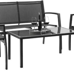 Devoko Outdoor Furniture Set 4 Piece Patio Conversation Sets Porch Furniture with Lawn Chairs & Glass Coffee Table for Garden Poolside (Black)